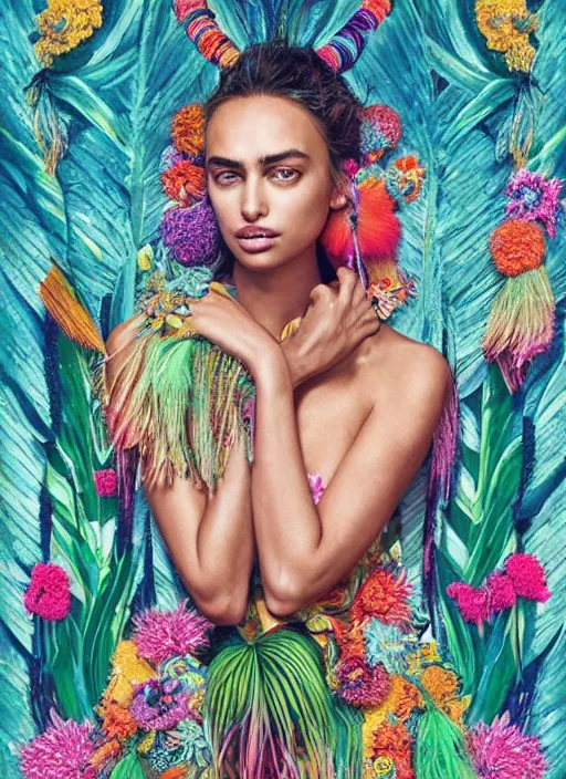 Image similar to beautiful portrait of Irina Shayk wearing fantastic Hand-dyed cotton dress,embellished beaded feather decorative fringe knots ,colorful pigtail,subtropical flowers and plants,symmetrical face,mediterranean,intricate,elegant,highly detailed,8k,post-processing,digital painting,trending on pinterest,harper's bazaar,concept art, sharp focus, illustration, by artgerm,Tom Bagshaw,Lawrence Alma-Tadema,greg rutkowski,alphonse Mucha