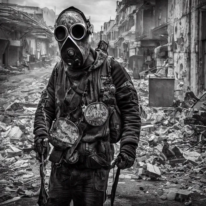 Image similar to gritty hooded apocalyptic man in gas mask standing in street of destroyed city, hyper - detailed, smooth, sharp focus, 4 k ultra hd, fantasy dark art, apocalyptic art