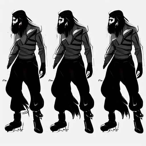 Image similar to character design sheet, concept art character, very high angle view, book cover, very attractive man with beard, walking in cyberpunk valley highly detailed full body, strong masculine features, sturdy body, command presence, royalty, smooth, sharp focus, organic, appealing, book cover, deep shadows, by borderland 3 sketch lineart for character design