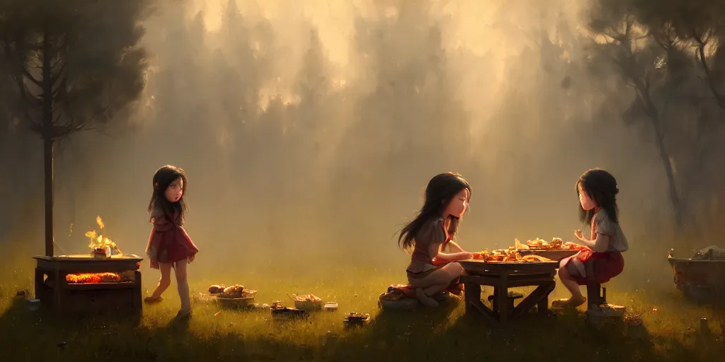 Prompt: big eyed brunette sweet little girl looking sad in front of barbecue near tent at camp, extremely detailed digital painting, in the style of fenghua zhong and ruan jia and jeremy lipking and peter mohrbacher, mystical colors, rim light, beautiful lighting, 8 k, stunning scene, raytracing, octane, trending on artstation