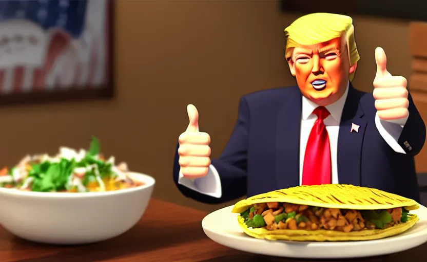 Prompt: beautiful makoto shinkai style digital film still portrait of donald trump giving a thumbs up behind a taco bowl, 4 k, 8 k, hd, high resolution, highly detailed, intricate detail, ultra realistic faces, digital art, trending on artstation, your name, weathering with you