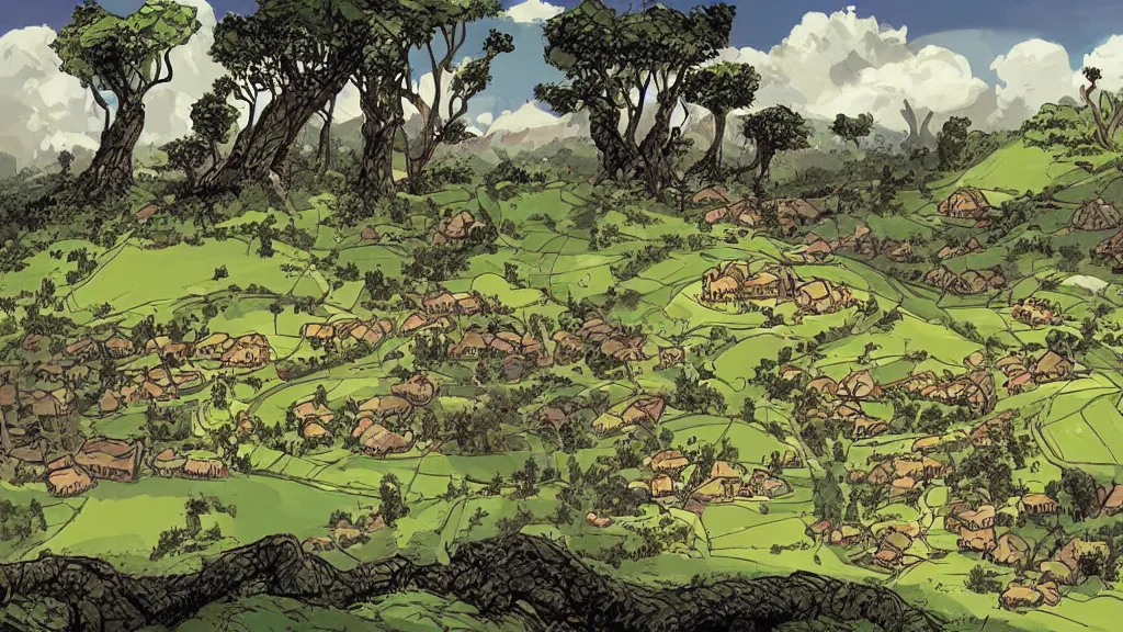 Prompt: a genndy tartakovsky illustration of the shire from lord of the rings