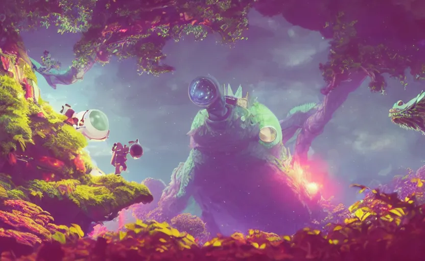 Image similar to a still of a cute adorable tiny astronaut, on a planet of lush colorful foliage, with an enormous kaiju dragon surrounding the full background, magical forest, sharp focus, neon backlit, highly detailed, disney pixar studio ghibli makoto shinkai, digital painting, matte, octane render, global illumination, iridescent, anime, 8 k concept art