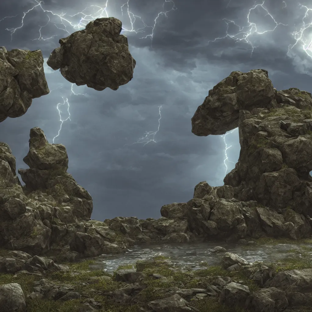 Image similar to Photorealistic epic landscape with magically floating rocks, with ominous storm clouds, glowing stones falling from the sky, a gentle rising mist. occult photorealism by Alphonse Maria Mucha, UHD, amazing depth, glowing, golden ratio, 3D octane cycle unreal engine 5, volumetric lighting, cinematic lighting. Hyperdetailed photorealism, epic scale, misty, 108 megapixels, amazing depth, glowing rich colors, powerful imagery, psychedelic Overtones, concept art