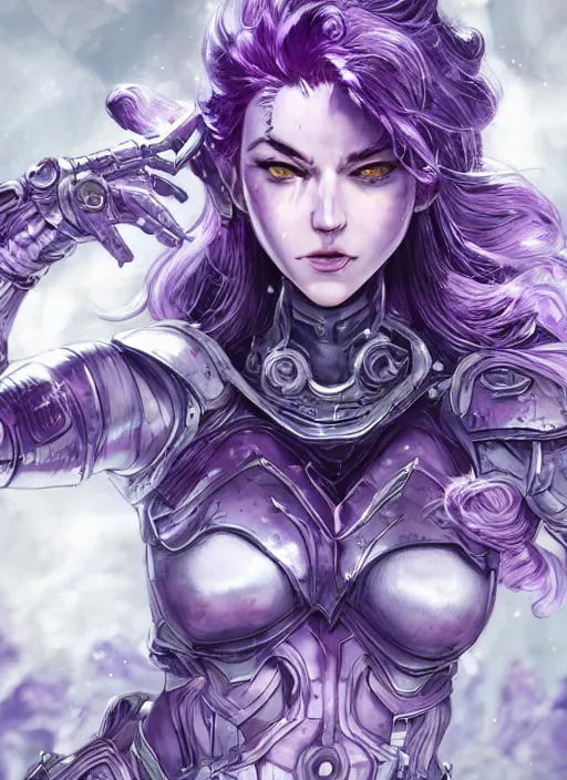 Image similar to close up portrait of a pale woman in amethyst power armor with purple hair, powerful, domineering, stoic, masterful, intense, ultrafine hyperdetailed illustration by kim jung gi, irakli nadar, takuji kawano, intricate linework, sharp focus, octopath traveler, highly rendered, detailed, concept art