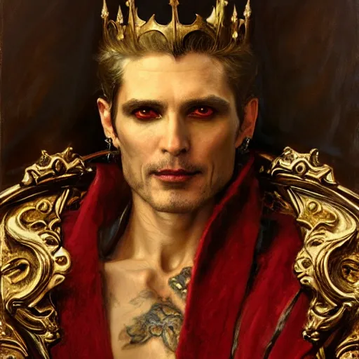 Image similar to perfectly centered portrait of attractive vampire king in a robe sitting on a throne of bones, highly detailed painting by gaston bussiere, craig mullins, j. c. leyendecker, 8 k