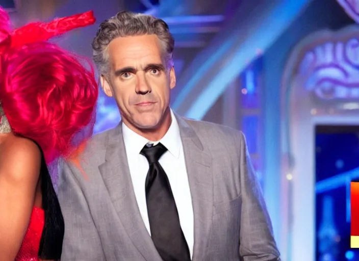 Image similar to broadcast still of jordan peterson as a contestant of ru paul's drag race, 4 k