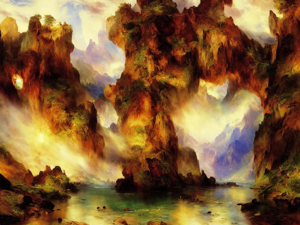 Prompt: a beautiful landscape painting by thomas moran, trending on arstation