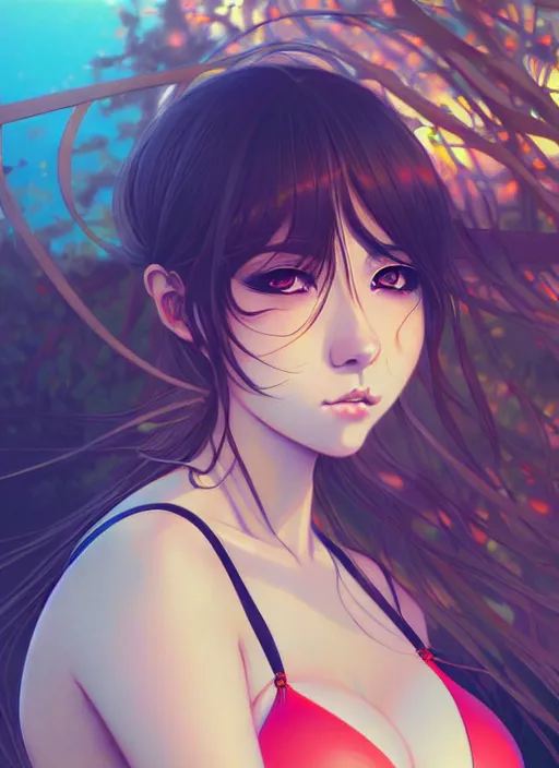 Prompt: portrait of beautiful young anime girl in bikini, cute-fine-face, pretty face, realistic shaded Perfect face, fine details. Anime, cyberpunk, Warhammer, highly detailed, artstation, illustration, art by Ilya Kuvshinov and Gustav Klimt