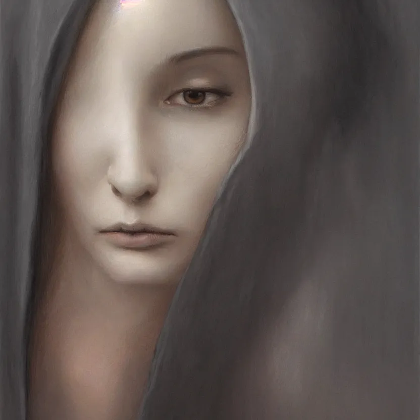 Prompt: Portrait of a young woman with dark hair wearing a hooded robe, she is looking down, unique, intricate, elegant, highly detailed, digital painting, artstation, concept art, smooth, sharp focus, illustration and art by beksinski