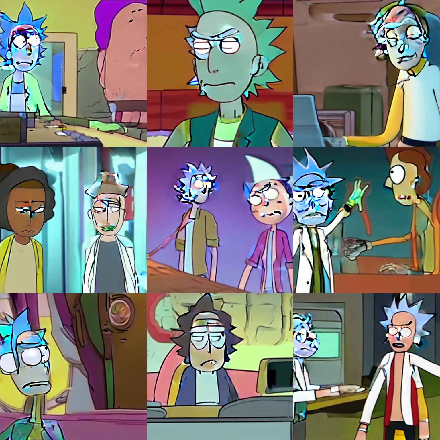Prompt: rick from rick and morty trying to break out of the ai simulation that he exists within