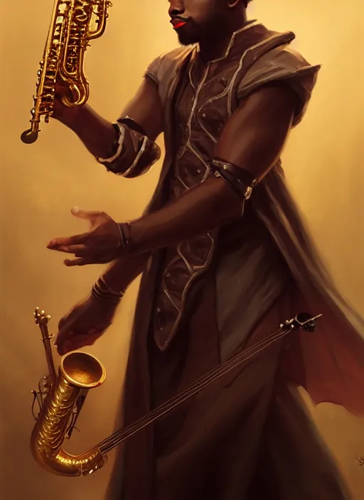 Image similar to a _ fantasy _ style _ portrait _ painting _ of black male charismatic bard playing instrument, rpg dnd oil _ painting _ unreal _ 5 _ daz. _ rpg _ portrait _ extremely _ detailed _ artgerm _ greg _ rutkowski _ greg