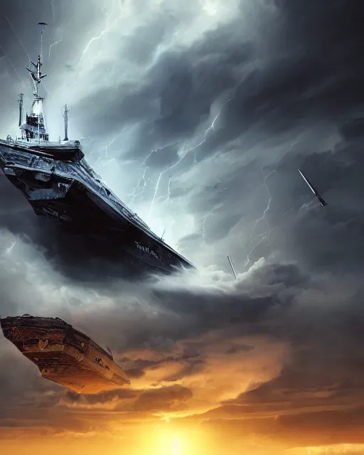 Image similar to scifi action scene of a fishing boat on stormy seas, a terrifying gigantic star destroyer spaceship flying overhead, the gigantic star destroyer spaceship is emerging from storm clouds, sunset lighting, stormy weather, dramatic lighting, unreal engine, hyper realism, realistic shading, cinematic composition, realistic render, octane render, detailed textures, photorealistic, ultrawide shot, 1 6 mm lens