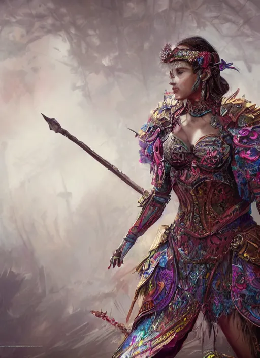 Image similar to detailed full body concept colorful fantasy painting of a female warrior in intricate clothing, cinematic lighting, hyperdetailed, 8k, high resolution, insanely detailed and intricate, octane render