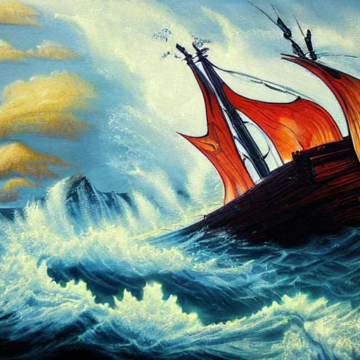 Image similar to sea storm, vortex, epic painting, wooden ship, highly detailed, hd, deep colors