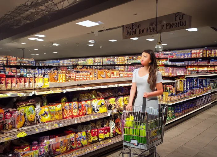 Image similar to angel in a grocery store, cinematic grade, volumetric light, photorealistic,, award winning photo, 100mm, sharp, high res