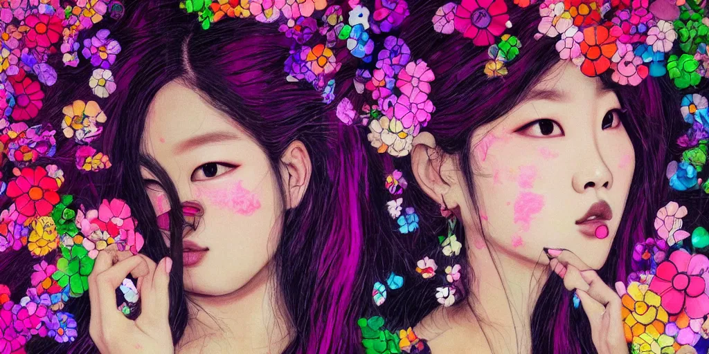 Image similar to a portrait of a very seductive Jennie Kim Blackpink, hair full of flowers, photoillustration, realistic, closeup, facing the camera, dramatic lighting, in the style of Takashi Murakami and Kim Deuk-sin and Okuda Genso