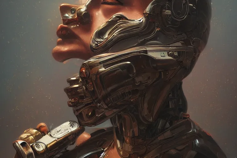 Image similar to Ultra realistic illustration, robot sitting smoking a cigar, cyberpunk, sci-fi, fantasy, intricate, elegant, highly detailed, digital painting, artstation, concept art, smooth, sharp focus, illustration, art by artgerm and greg rutkowski and alphonse mucha