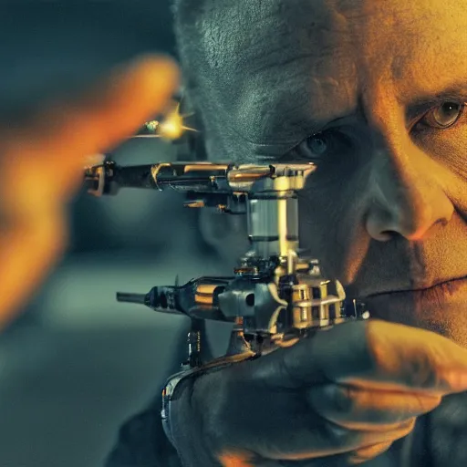 Image similar to balding older cyborg using jeweller's loupe with orange led light, inspecting intricate gun made from rusted cutlery, smoking soldering iron, dark messy cluttered workshop, dark, dramatic lighting, cinematic, highly detailed, sci - fi, futuristic, movie still from blade runner