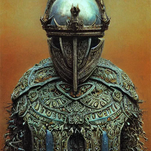 Image similar to ice lord, full body, wearing icy ornamented armor, wearing ice royal crown war helm, beksinski