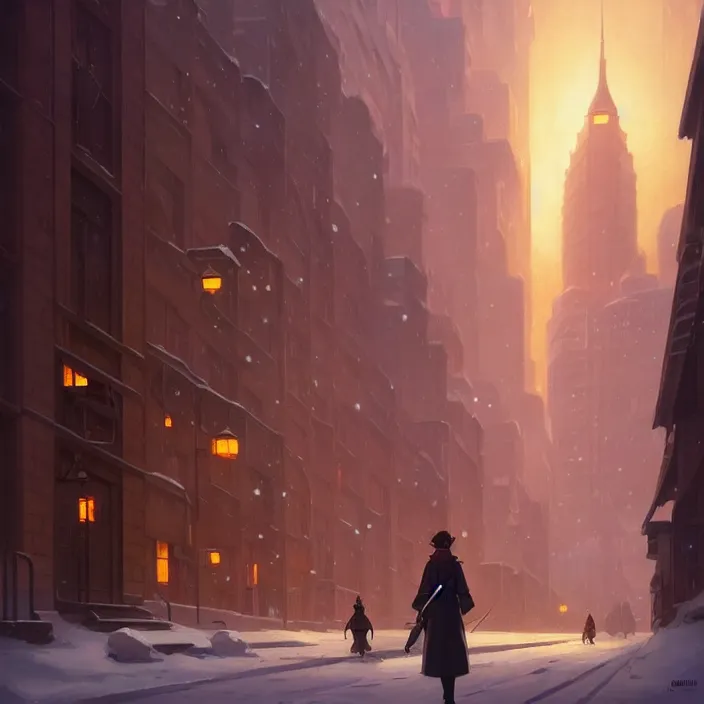 Image similar to empty big city at night, winter, in the style of studio ghibli, j. c. leyendecker, greg rutkowski, artem