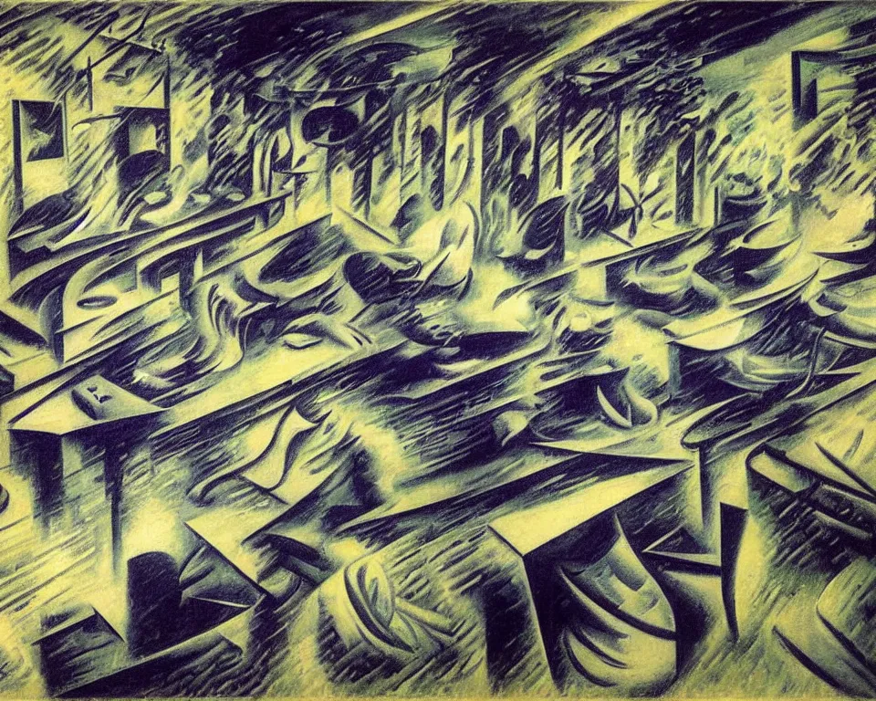 Image similar to abstract courtroom in the rainforest during a monsoon by umberto boccioni. detailed, proportional, romantic, enchanting, achingly beautiful, graphic print, trending on artstation, jungle, tropical, foliage