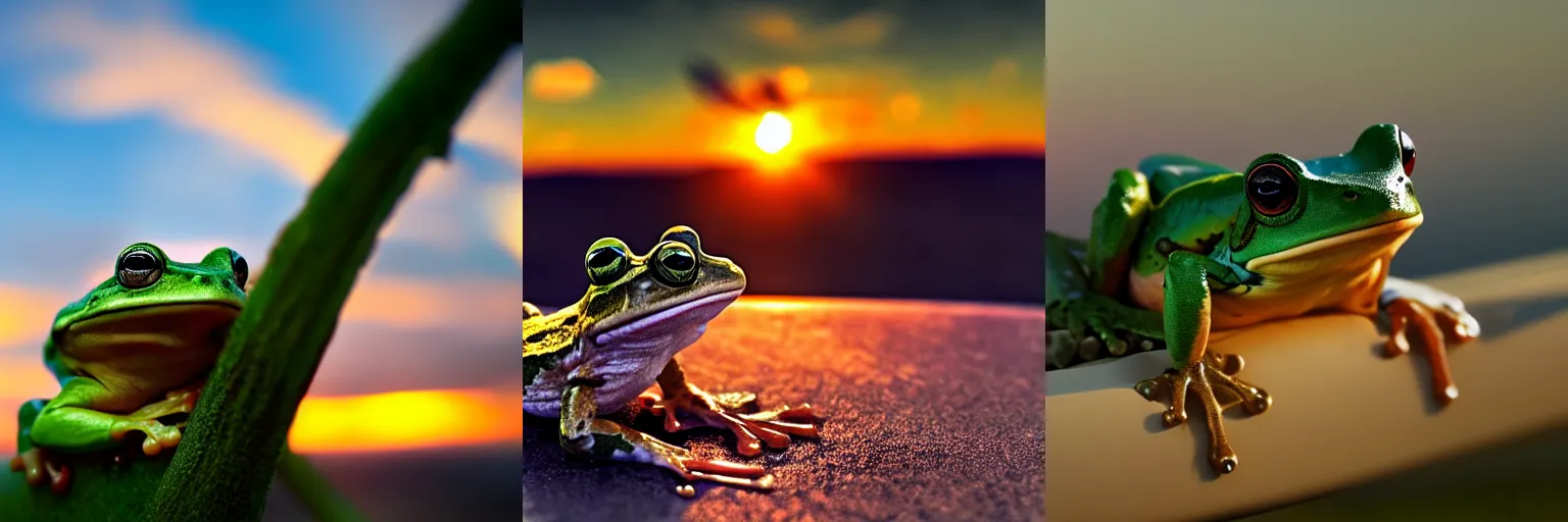 Prompt: a frog high on life, enjoying a sunset, highly detailed, 4k