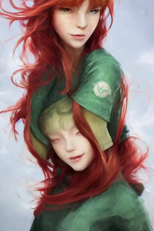 Image similar to beautiful cute red haired joyful and playful nineteen year old girl standing up in casual green clothing, long hair, modern city, rpg character, sci - fi, fantasy, intricate, elegant, digital painting, artstation, concept art, smooth, 8 k frostbite 3 engine, ultra detailed, art by artgerm and greg rutkowski and magali villeneuve