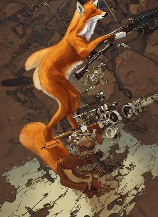 Image similar to a beautiful, dynamic illustration of an anthropomorphic fox - woman running and gunning with a winchester rifle, wild west theme, focal depth, highly detailed, art by joseph leyendecker, peter mohrbacher, ruan jia, marc simonetti, ayami kojima, cedric peyravernay, alphonse mucha, victo ngai,