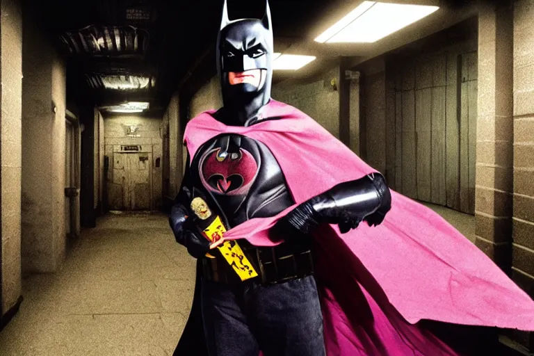 Image similar to michael keaton batman covered in beer wearing pink apron wielding an axe, chasing through old brown decrepit hallway, creepy smile, atmospheric eerie lighting, photorealistic face, dim lighting, bodycam footage, motion blur, photograph, first person shooter perspective with pistol