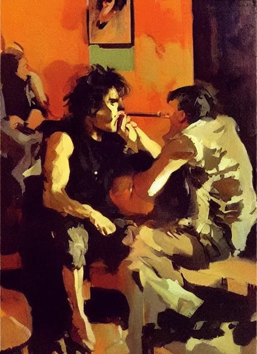 Image similar to glam rocker drinking brutal and raw wine with his friends, inside a green room with red lights by joaquin sorolla, phil hale