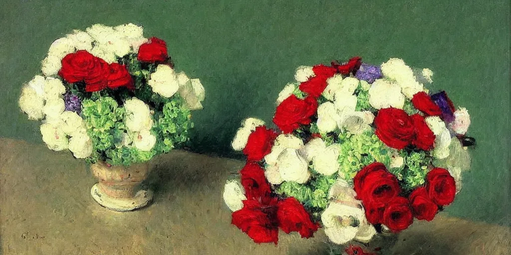 Prompt: a beautiful bouquet of flowers, oil painting, by Gustave Caillebotte, very colorful, White, vivid green & red, very detailed, artstation