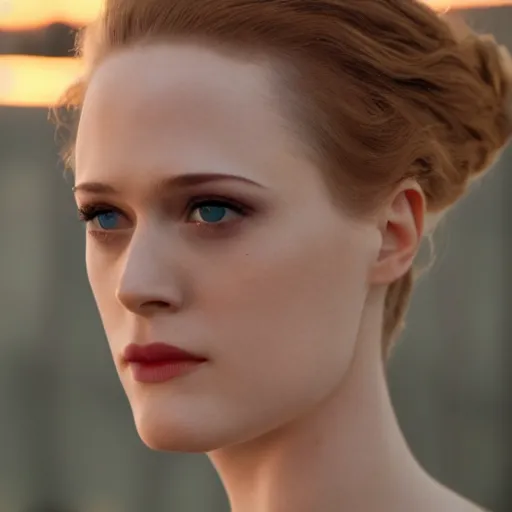 Prompt: beautiful close - up shot of evan rachel wood in westworld who looks into the distance, beautiful natural light, golden hour, focus on her face, photorealistic, fujifilm x - pro 2, by annie leibowitz