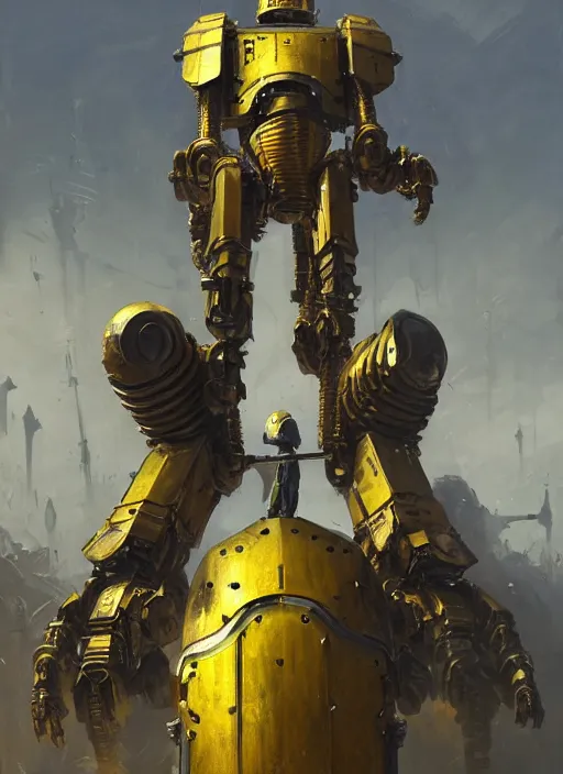 Image similar to human-sized strong intricate yellow pit droid carrying very detailed perfect antique great sword and beautiful large paladin shield, pancake short large head, exposed metal bones, painterly humanoid mecha, slightly far away, by Greg Rutkowski, epic painting