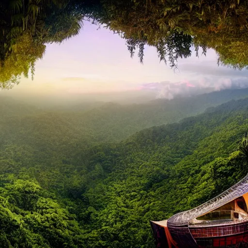 Image similar to an expansive view of a futuristic containment building in a rainforest valley with a futuristic city in the distance, tropical, national geographic, hyper realistic, 4 k, hazy light