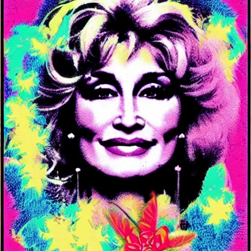 Image similar to young Dolly Parton portrait, graphic design poster, 70s, flower child, hippie, psychedelic