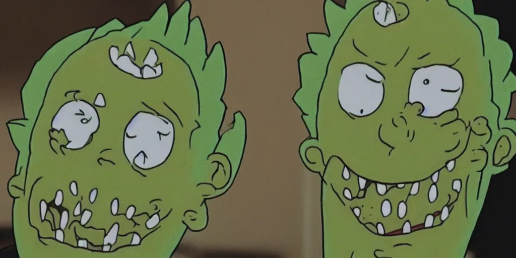 Prompt: Pickle Rick Sanchez after transforming into a pickle, terrified as his new body slowly breaks down into green goo