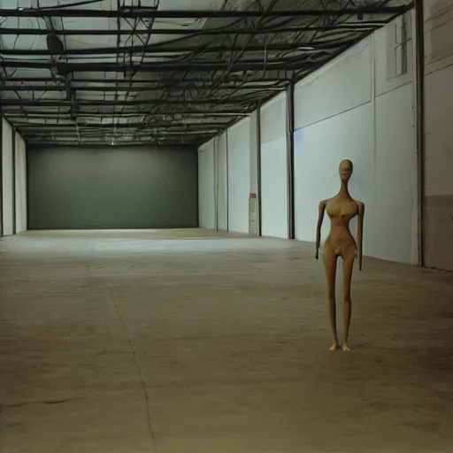 Image similar to empty warehouse room with a lone female mannequin cinestill 7 0's film