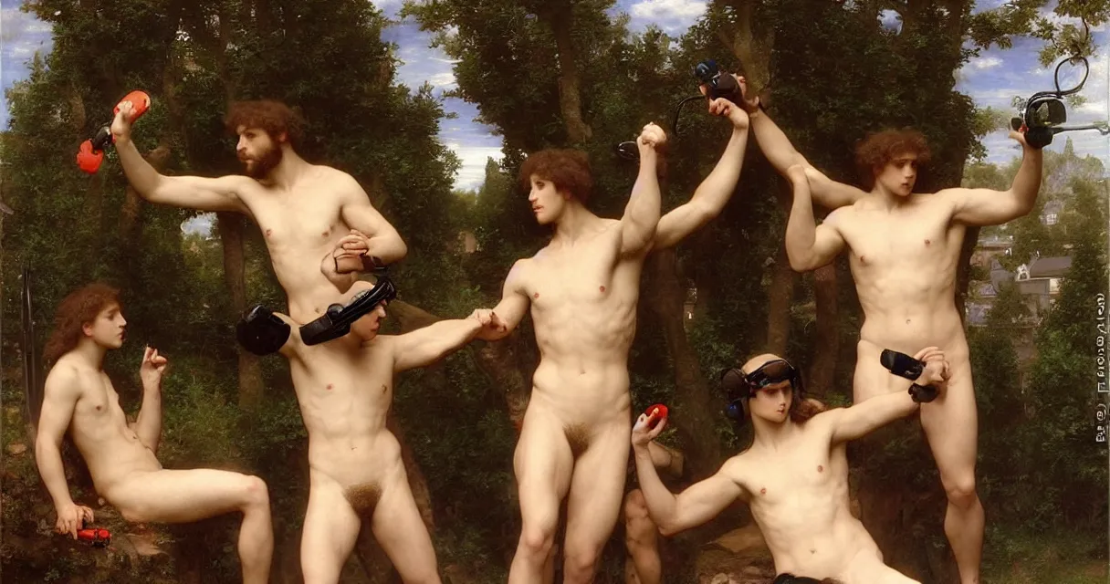 Image similar to pre-Raphaelite male muscular athletic gamers wearing headsets and playing video-games on laptops playstation5 x-box and PC by Bouguereau and raphael