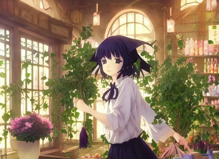 Prompt: anime visual of a young witch shopping in a alchemist's potion shop interior, ivy, foliage, flowers, cute face by ilya kuvshinov, makoto shinkai, kyoani, masakazu katsura, dynamic pose, crisp and sharp, yoshinari yoh, rounded eyes, anime poster, cel shaded