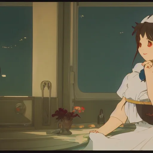 Image similar to a maid girl winking, film still, studio portrait, high quality, wlop, greg rutkowski, alphonse mucha, makoto shinkai, studio ghibli, highly detailed, 4 k