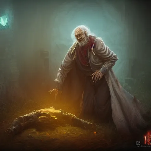 Image similar to a old necromancer resurrecting his fallen friend from dead, Grim fantasy, emotional, D&D, HDR, concept art, award winning photograph, 8k, Mucha style,