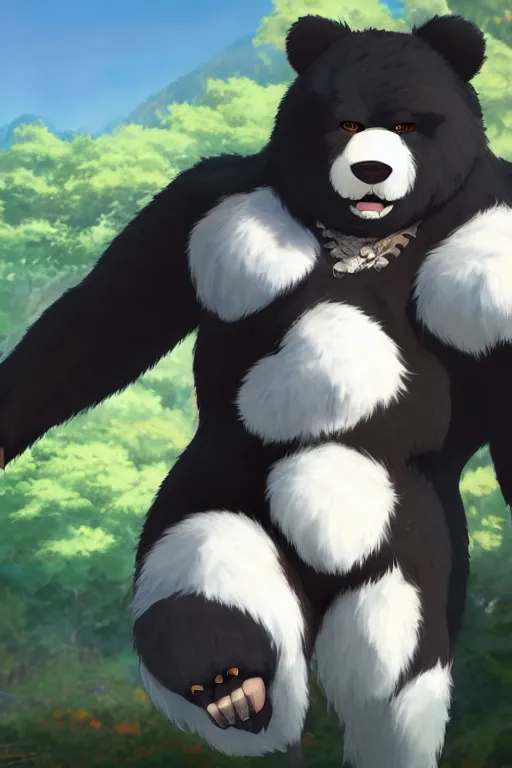 Image similar to overweight heavily scarred bear with black fur wearing a white loincloth, fursona, anthro, male, anime key visual, detailed fur, makoto shinkai