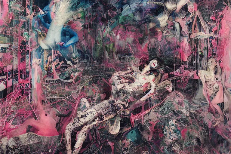 Prompt: eventually even those who avoided the world were drawn into its madness. inside a brutalist architecture space ship, gothic, rich deep pink, blue and green colours, creepy, mystical, intricate, maximalism, painted by francis bacon, adrian ghenie, james jean and petra cortright part by gerhard richter, part by takato yamamoto. 8 k masterpiece