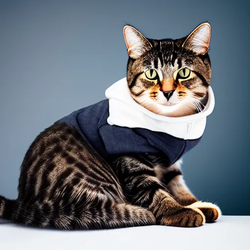 Image similar to a studio photograph of a cat wearing a hoodie,realistic,photorealistic,hyperdetailed,hyperrealistic,detailed face,highly detailed,professional photo,professional lighting,studio photo,studio lighting