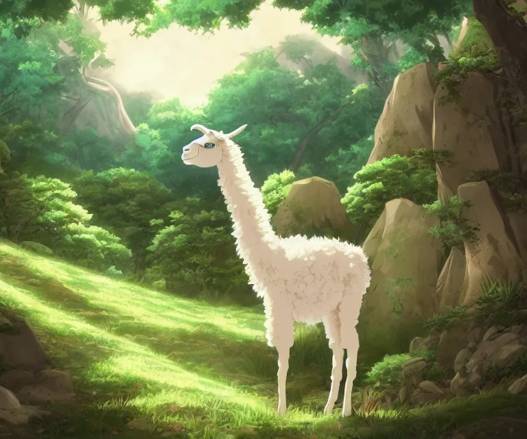 Image similar to llama in a forest, anime fantasy illustration by tomoyuki yamasaki, kyoto studio, madhouse, ufotable, comixwave films, trending on artstation