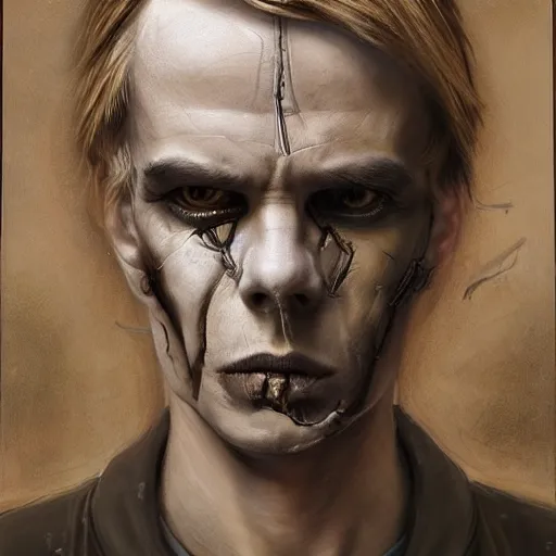 Image similar to surreal portrait of a man by Greg Rutkowski and H.R Giger, symmetrical face, he is about 30 years old, west slav features, short blonde hair with bangs, attractive, smart looking, slim, somewhat androgenic, transformed into a kind of biomechanical transhuman god, disturbing, terrifying but fascinating, with a determined and sinister expression on his face, cosmic void background, frightening, fascinating, highly detailed portrait, digital painting, book cover, artstation, concept art, smooth, sharp foccus ilustration, Artstation HQ