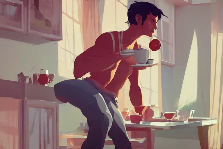 Prompt: a man having a cup of coffee in his house by the beach in the style of artgerm, charlie bowater, atey ghailan and mike mignola, vibrant colors and hard shadows and strong rim light, plain background, comic cover art, trending on artstation