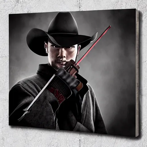 Image similar to noir samurai gunslinger dueling cowboy, hyper realistic, noir, dark, bloody