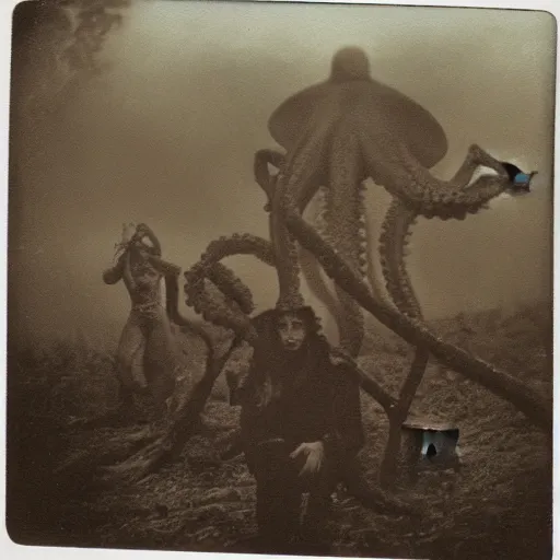 Prompt: old polaroid depicting cultists and an octopus demon, at a clearing, at dusk